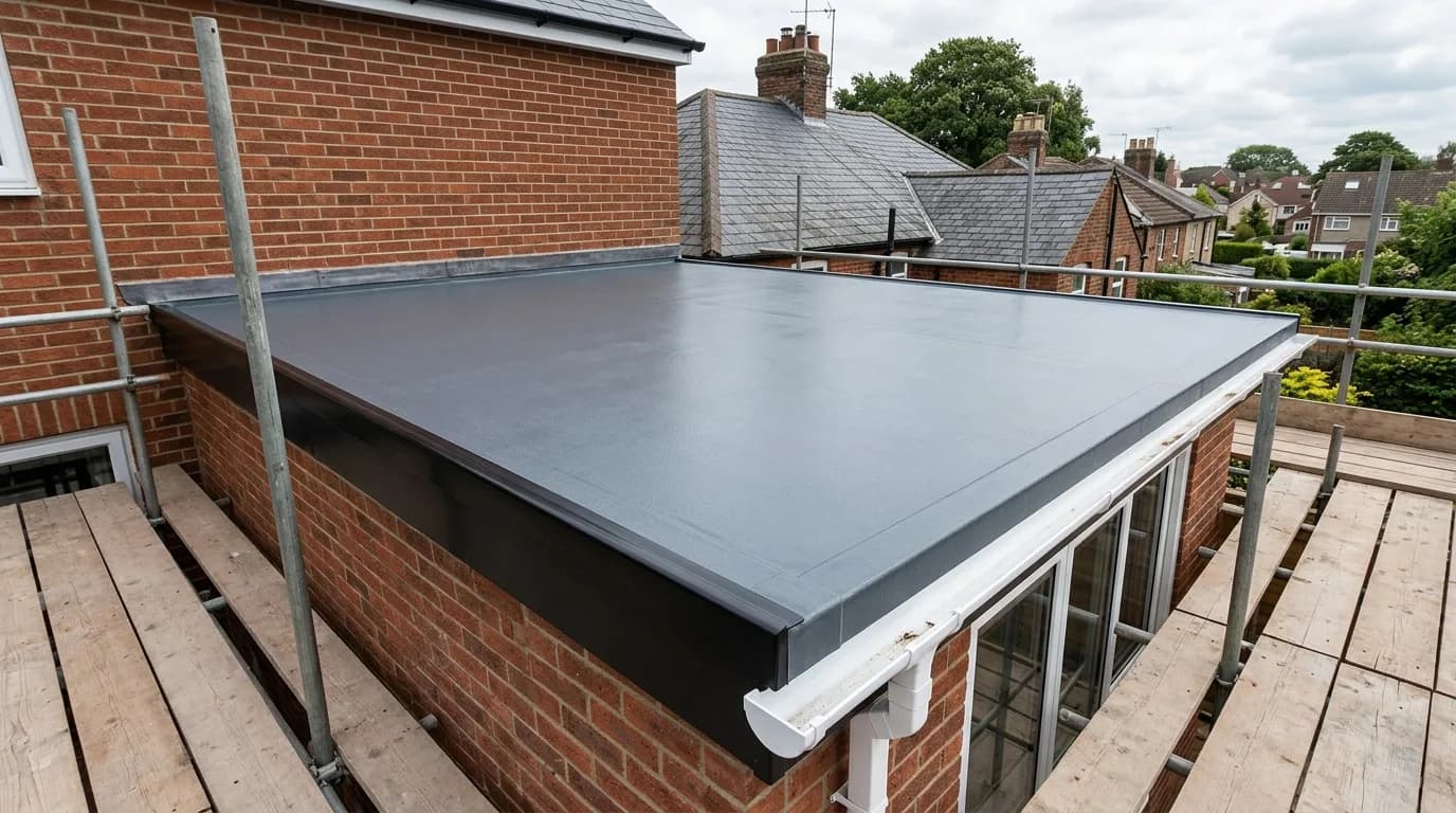 Completed GRP fibreglass flat roof on a UK house extension