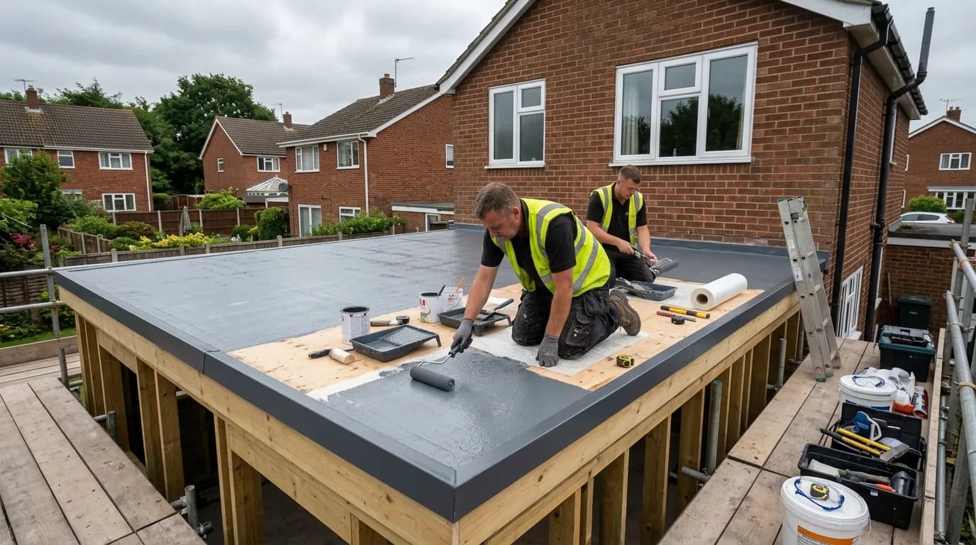 Roofers applying GRP fibreglass membrane to a flat roof on a UK home