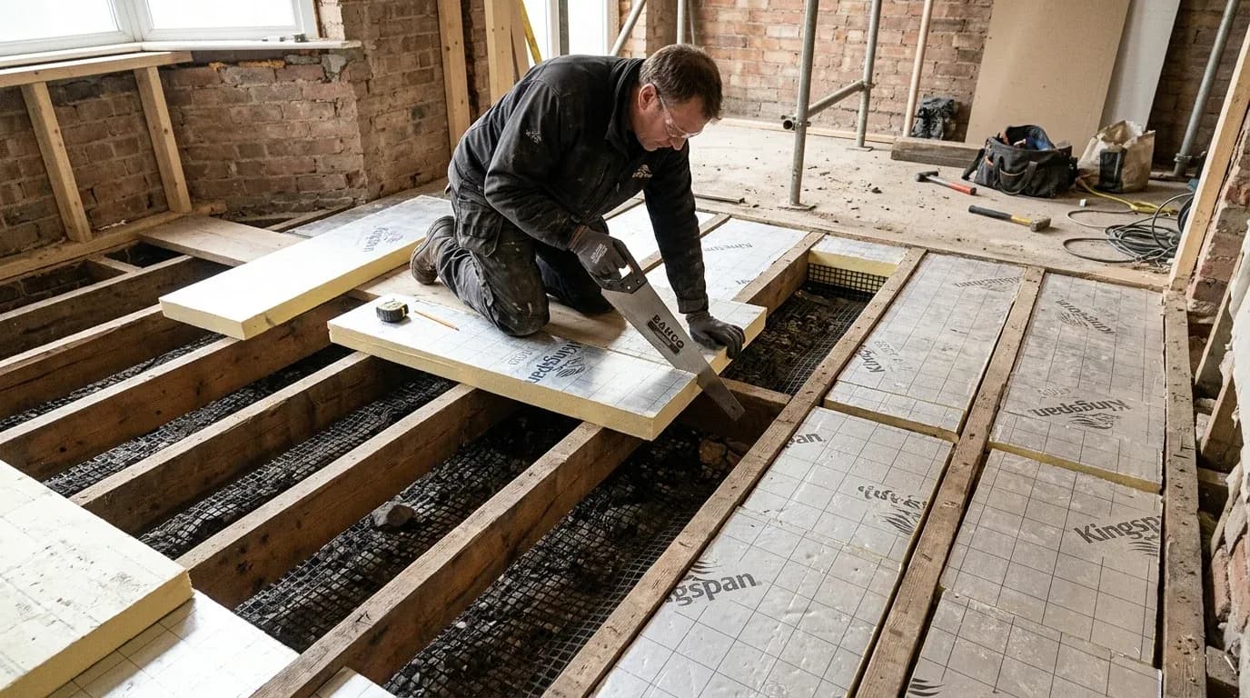 Floor insulation boards being fitted between joists in a UK property