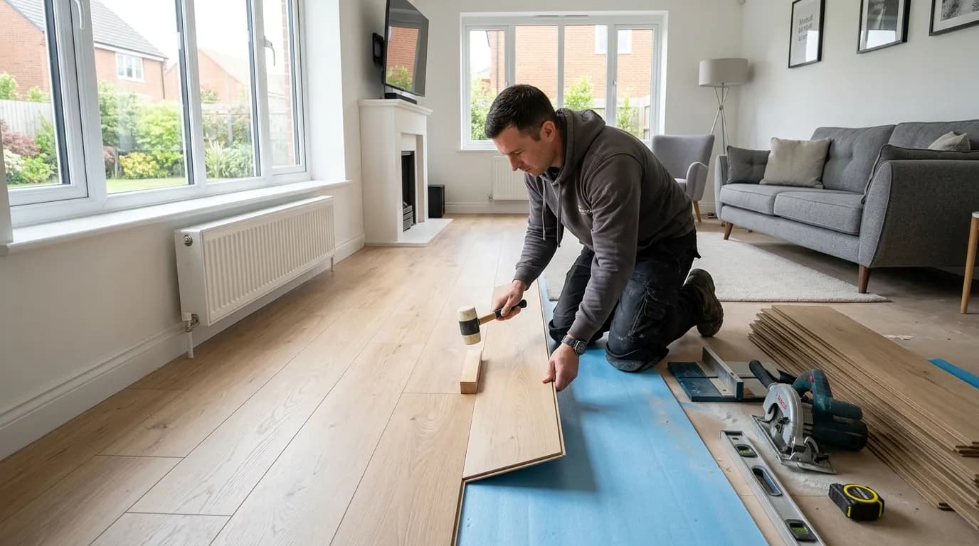 Flooring installer laying engineered wood flooring in a British home
