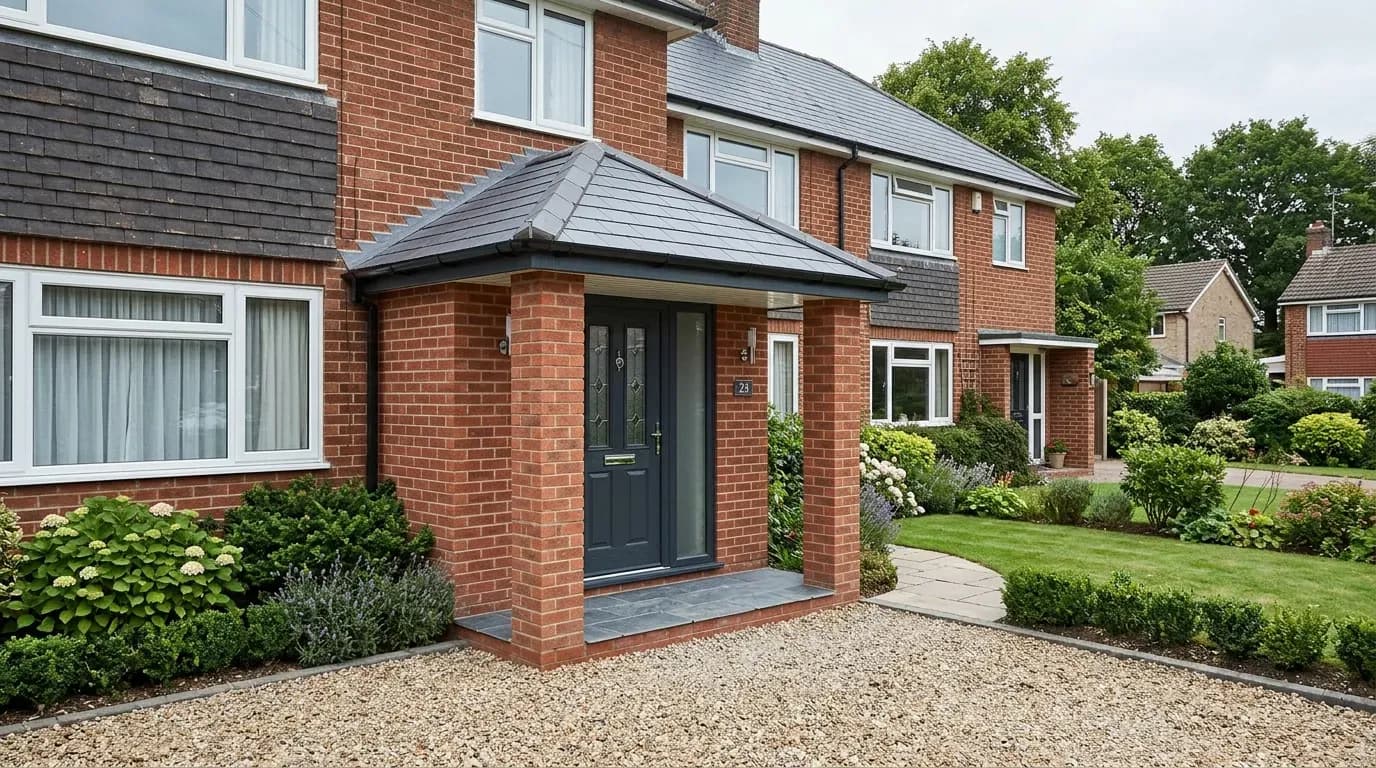 Newly built front porch on a British semi-detached house