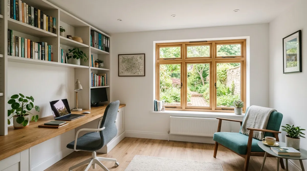 Converted garage home office in a British home