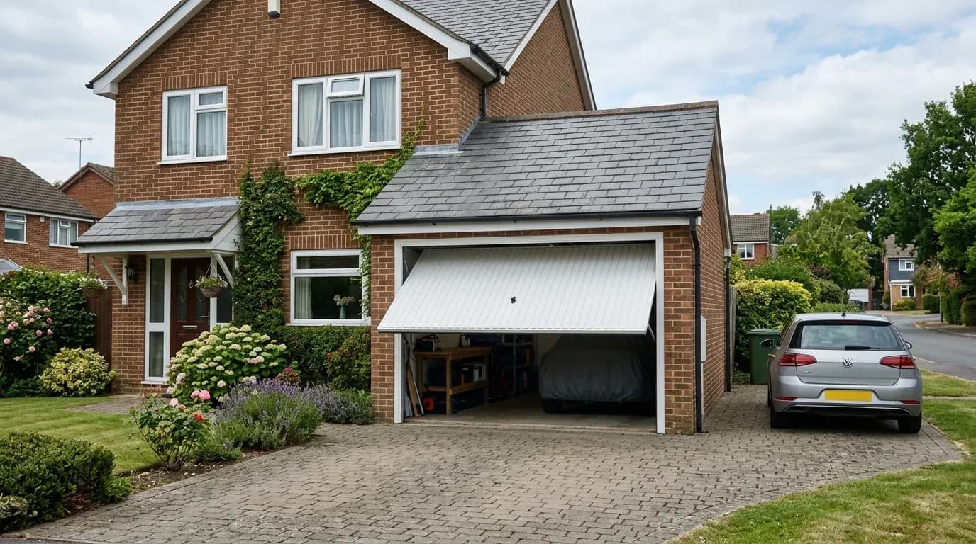Modern garage door installed on a British home