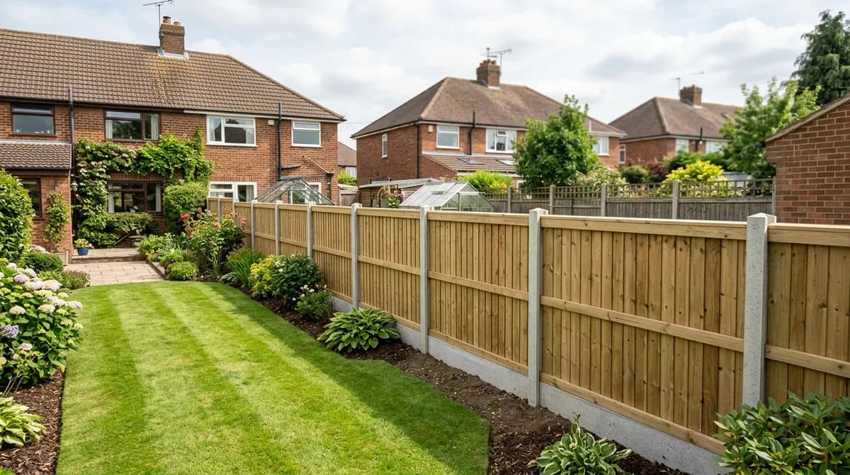 New wooden garden fence panels installed in a UK garden
