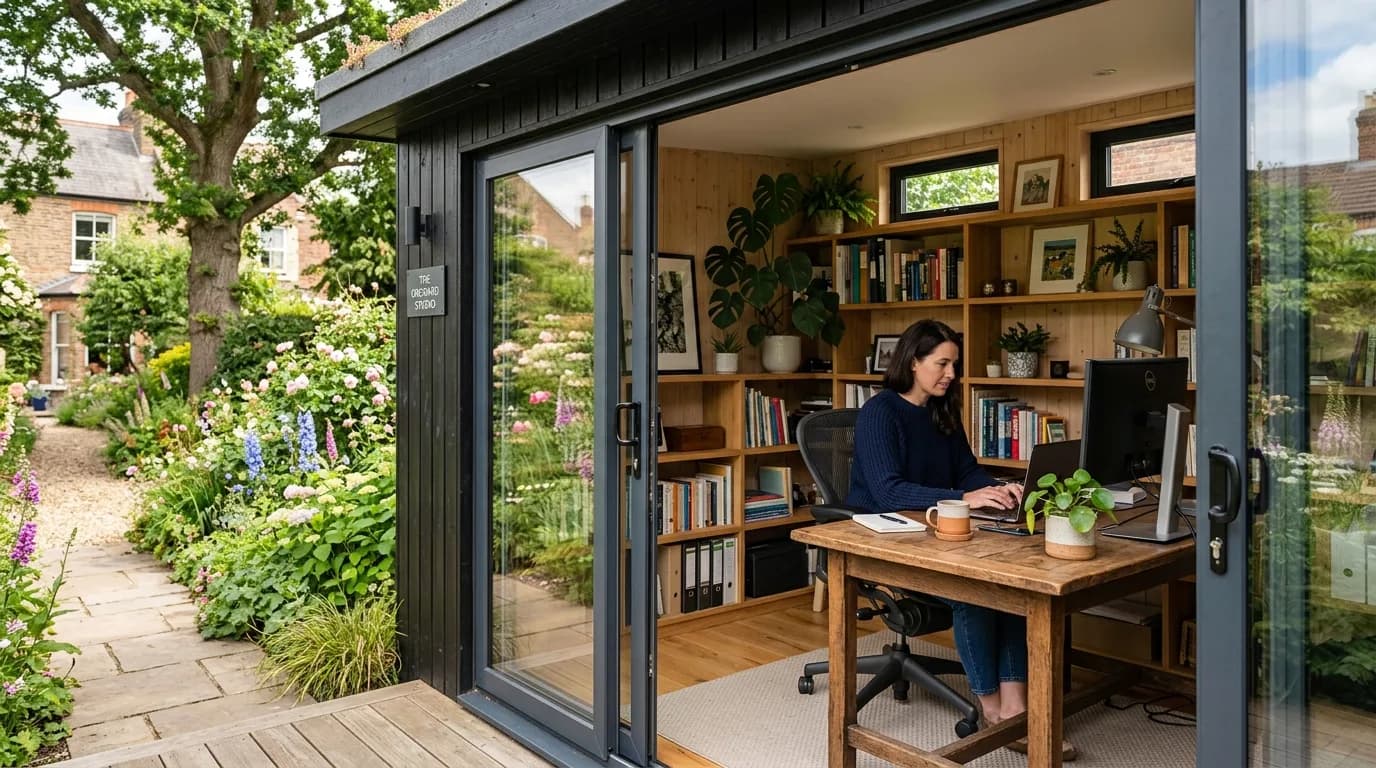 Interior of a finished garden office with desk, shelving, and natural light from full-height glazing