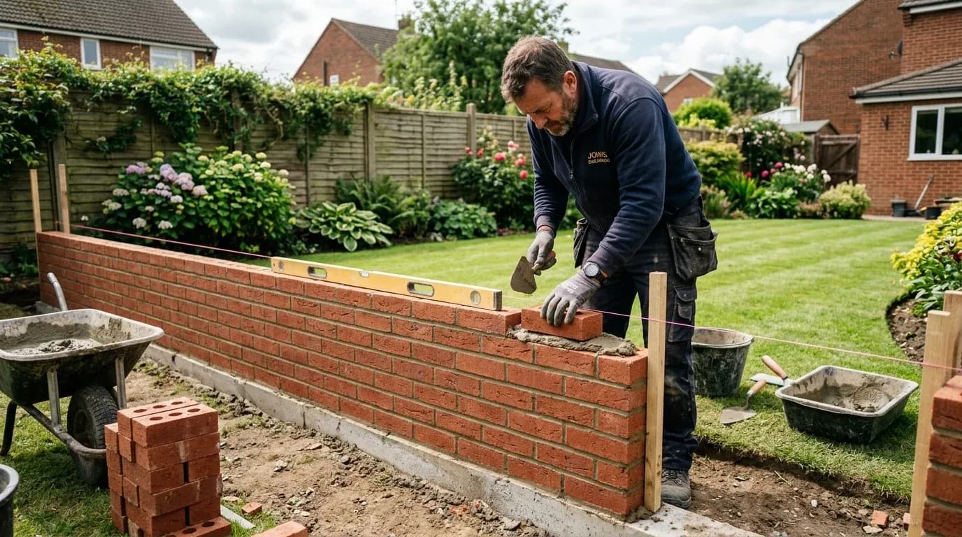 Brick garden wall in a well-maintained British garden