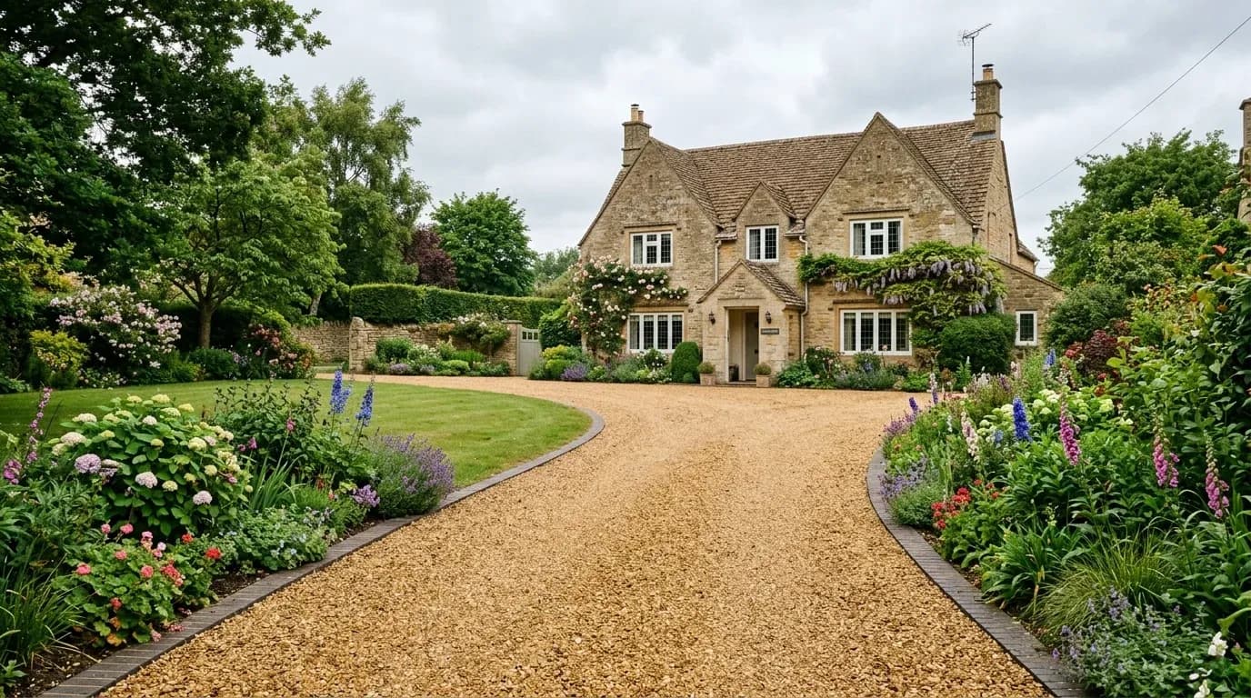 Well-maintained gravel driveway with retained edges leading to a British detached house