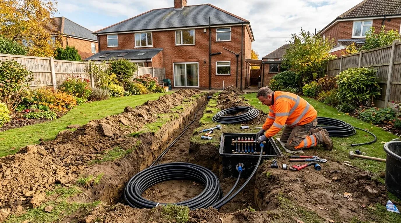 Ground source heat pump installation with trenches and ground loops in a UK garden