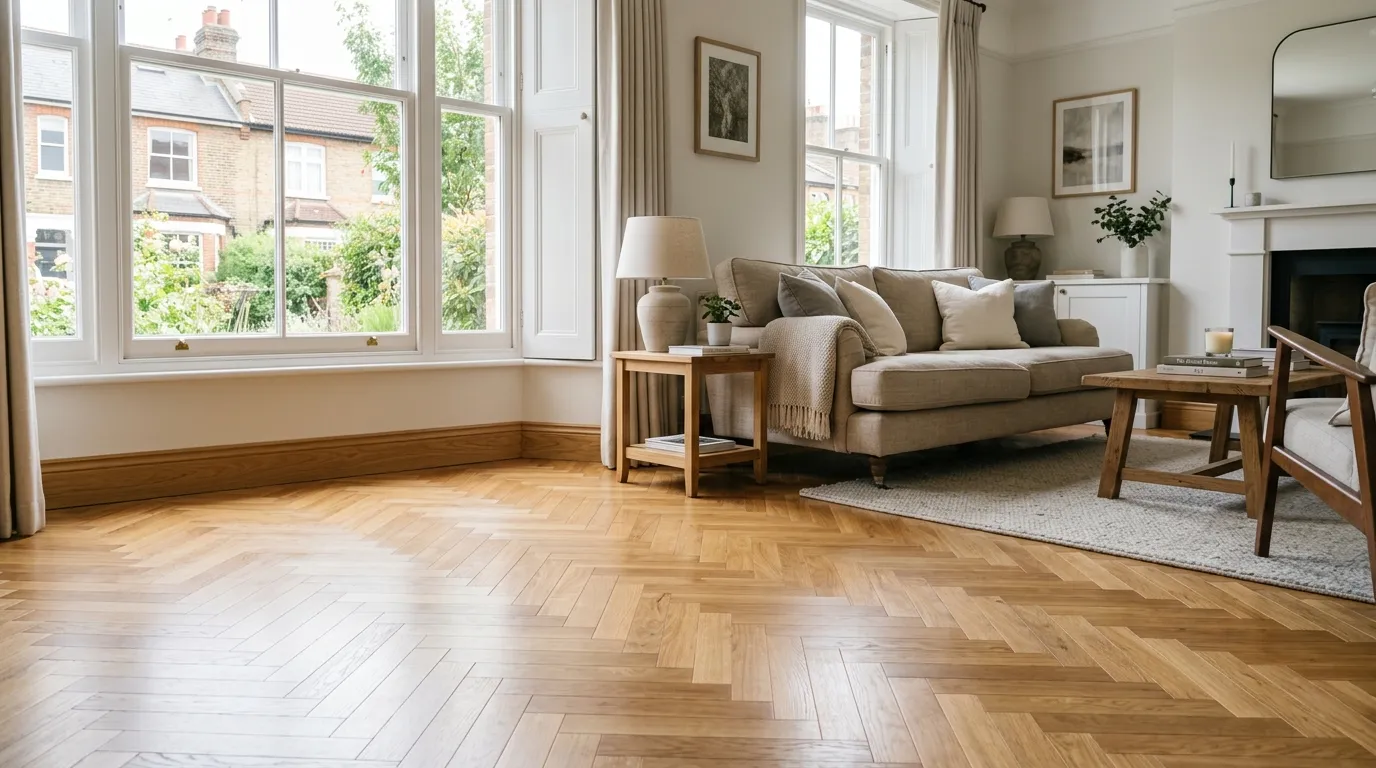 Oak herringbone parquet floor in a bright British living room