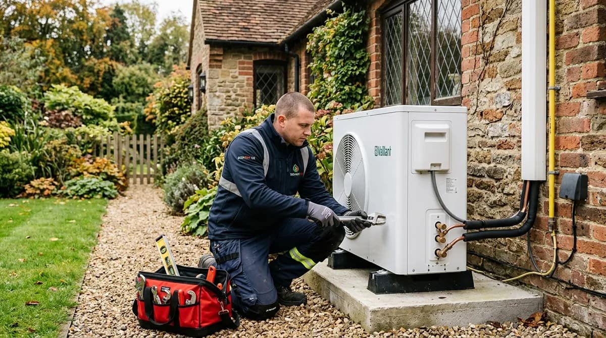 Engineer installing an air source heat pump outside a British home