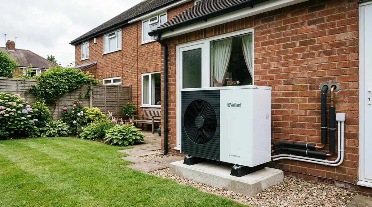 Air source heat pump unit installed outside a British home