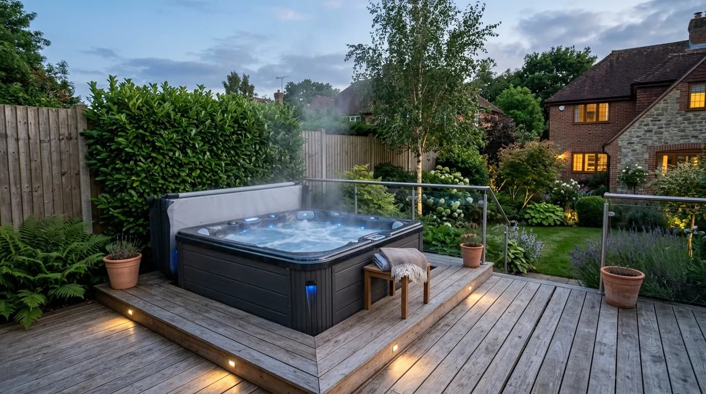 Hot tub on a wooden deck in a UK garden