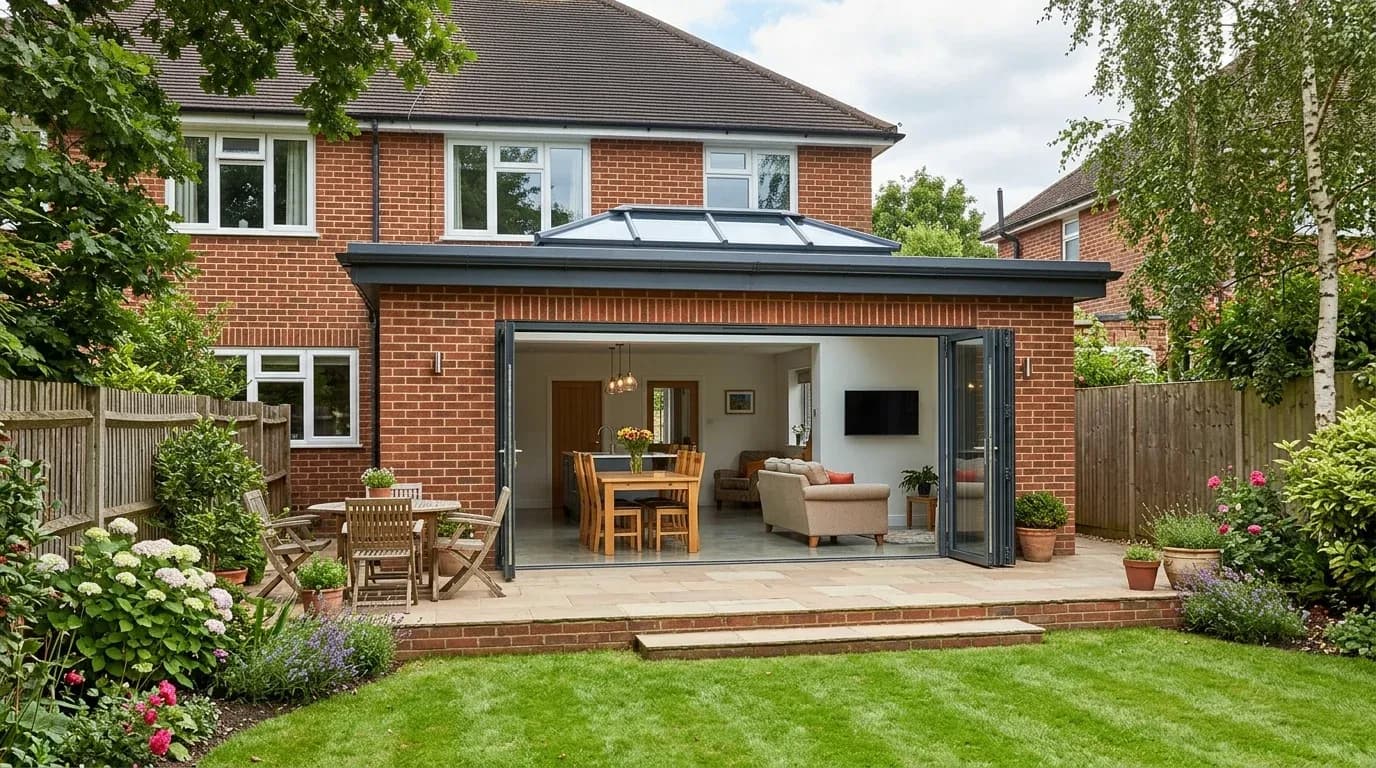 Single-storey rear extension on a British semi-detached house