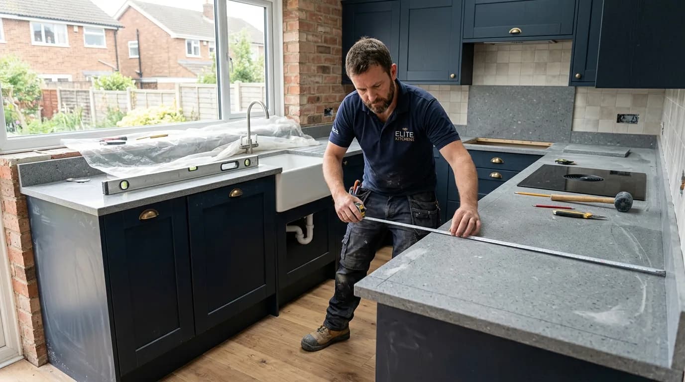 Kitchen fitter measuring and installing stone worktops in a British home