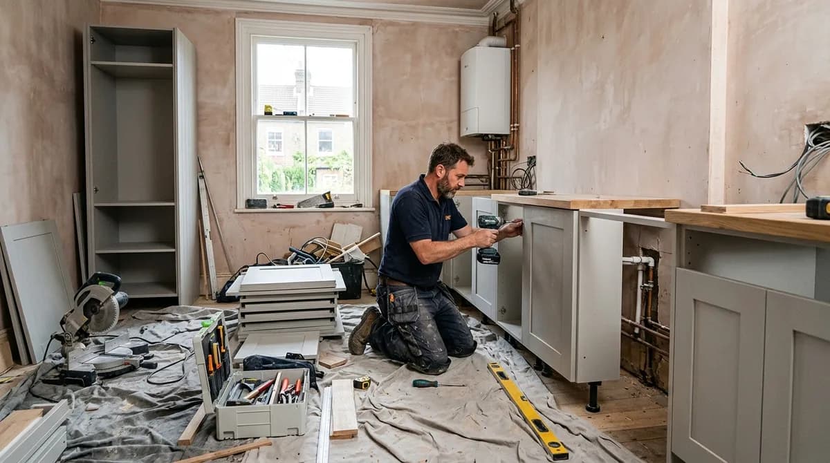 Kitchen fitter installing base units during a kitchen renovation