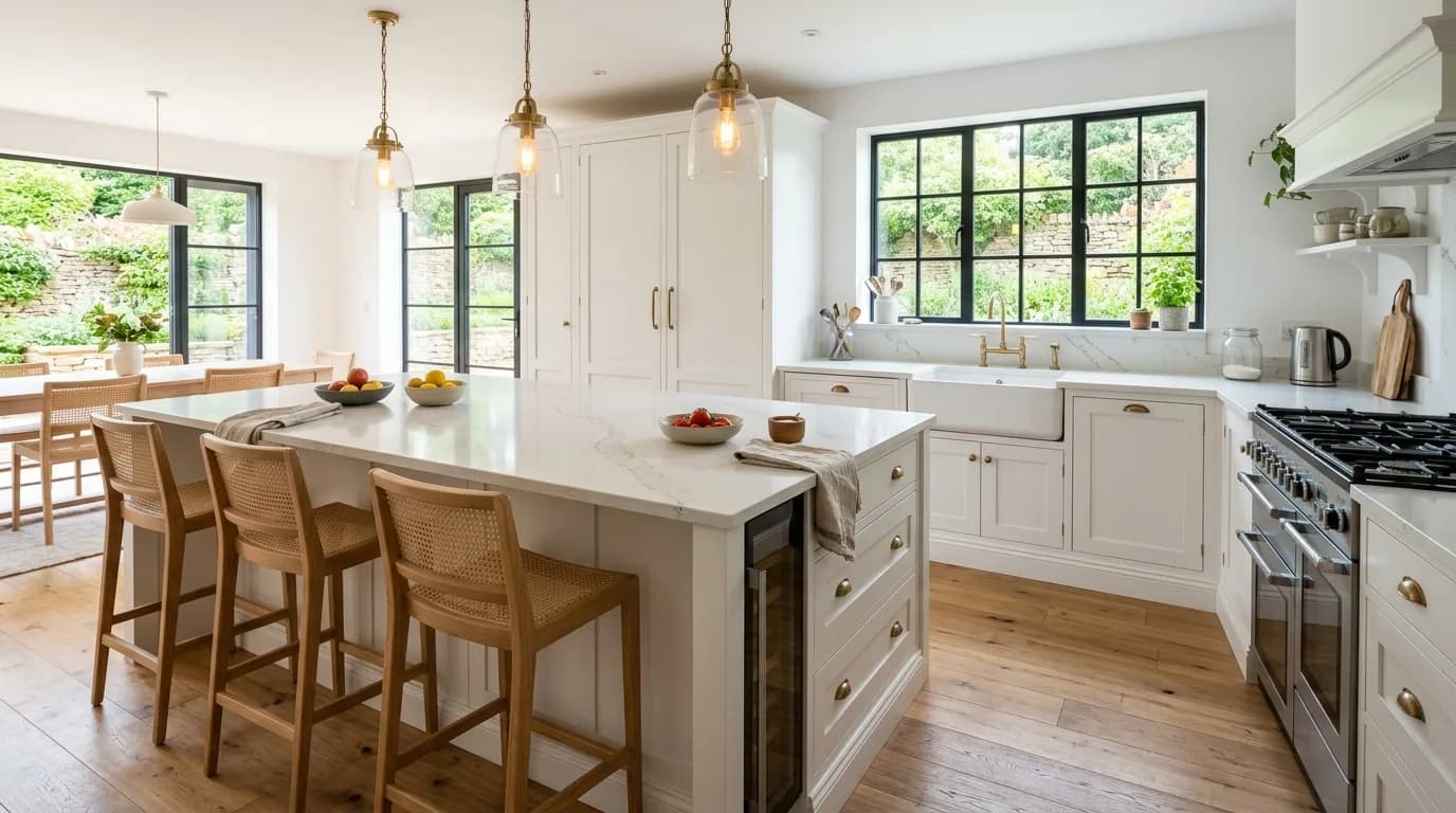 Modern kitchen with a large central island featuring breakfast bar seating