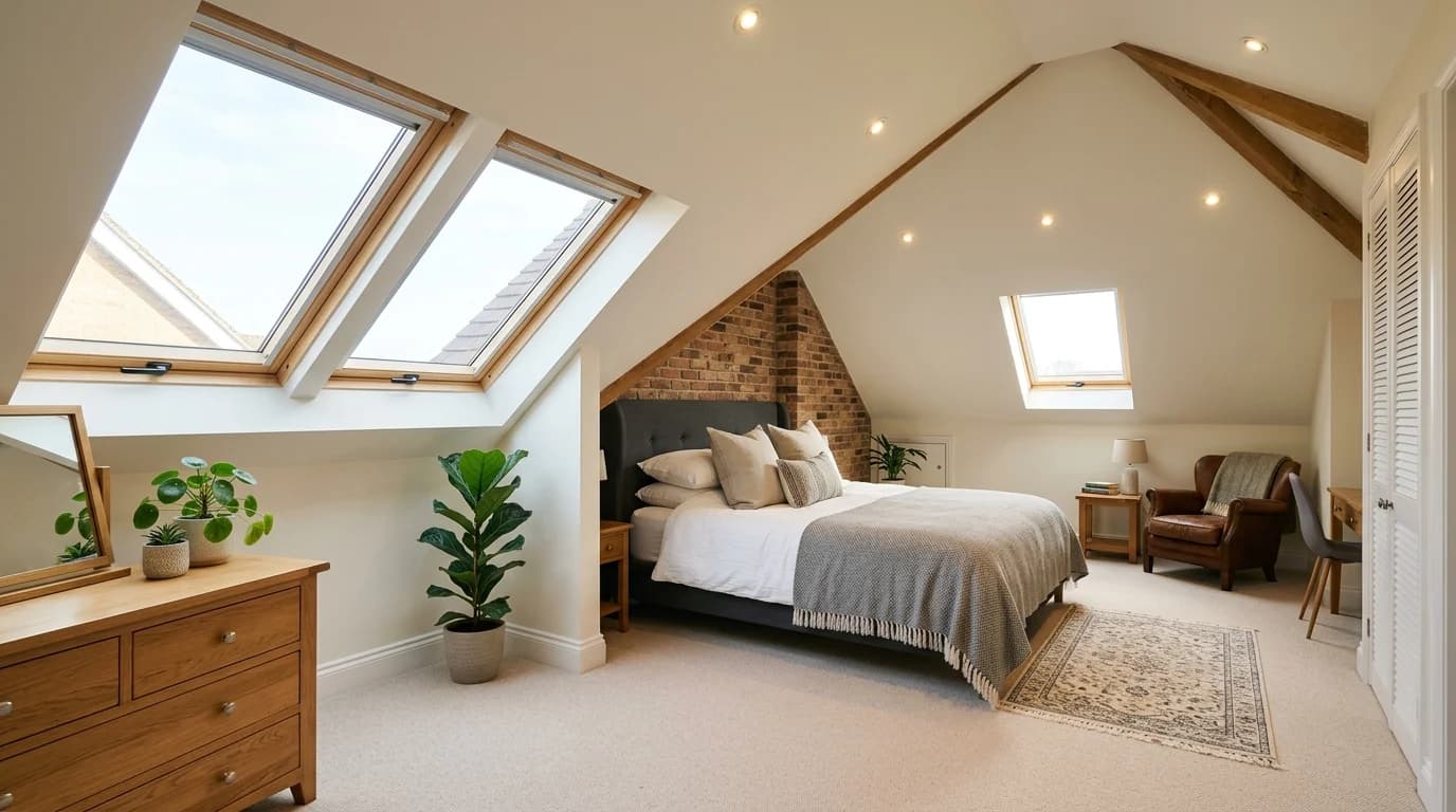 Finished loft conversion bedroom with Velux windows