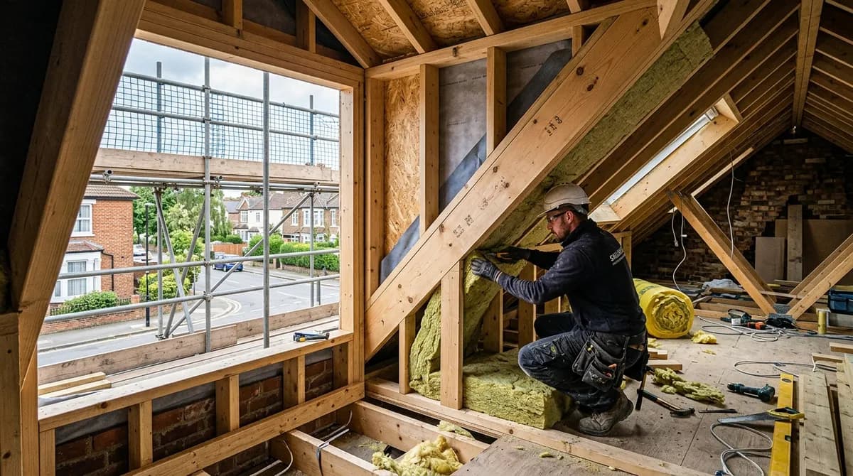Loft conversion dormer under construction with timber frame and insulation
