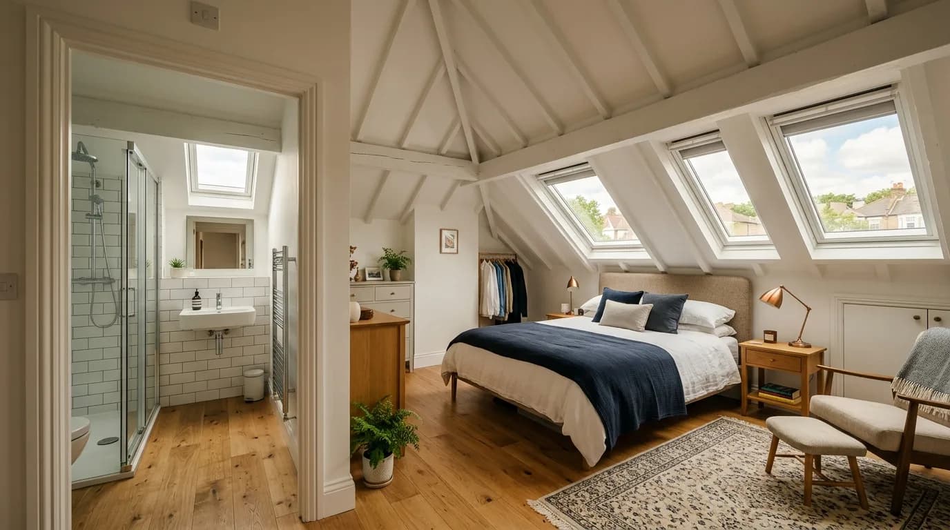 Finished loft conversion bedroom with en-suite bathroom