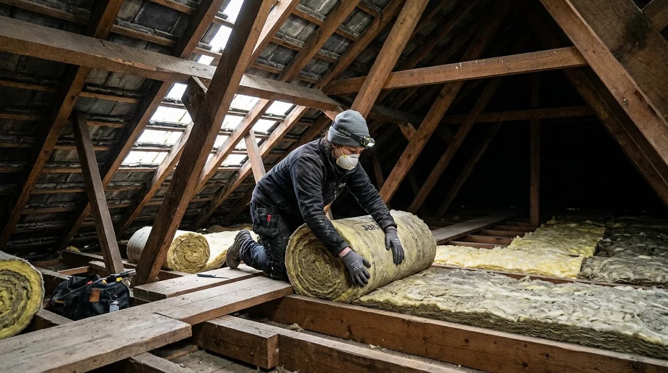 Installer laying mineral wool insulation rolls between loft joists