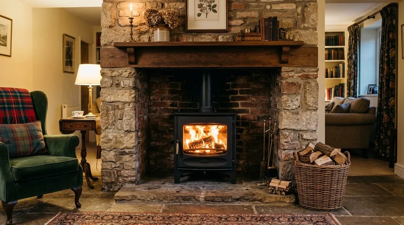 Wood burning stove in a British living room