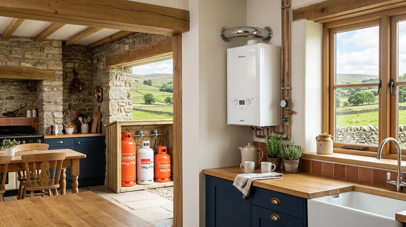 LPG boiler installed in a rural British farmhouse with gas bottles visible