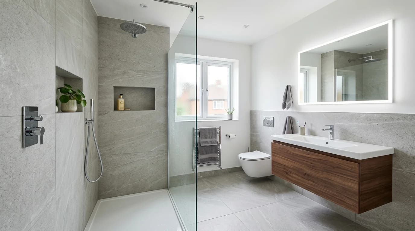 Modern bathroom renovation with walk-in shower and vanity unit