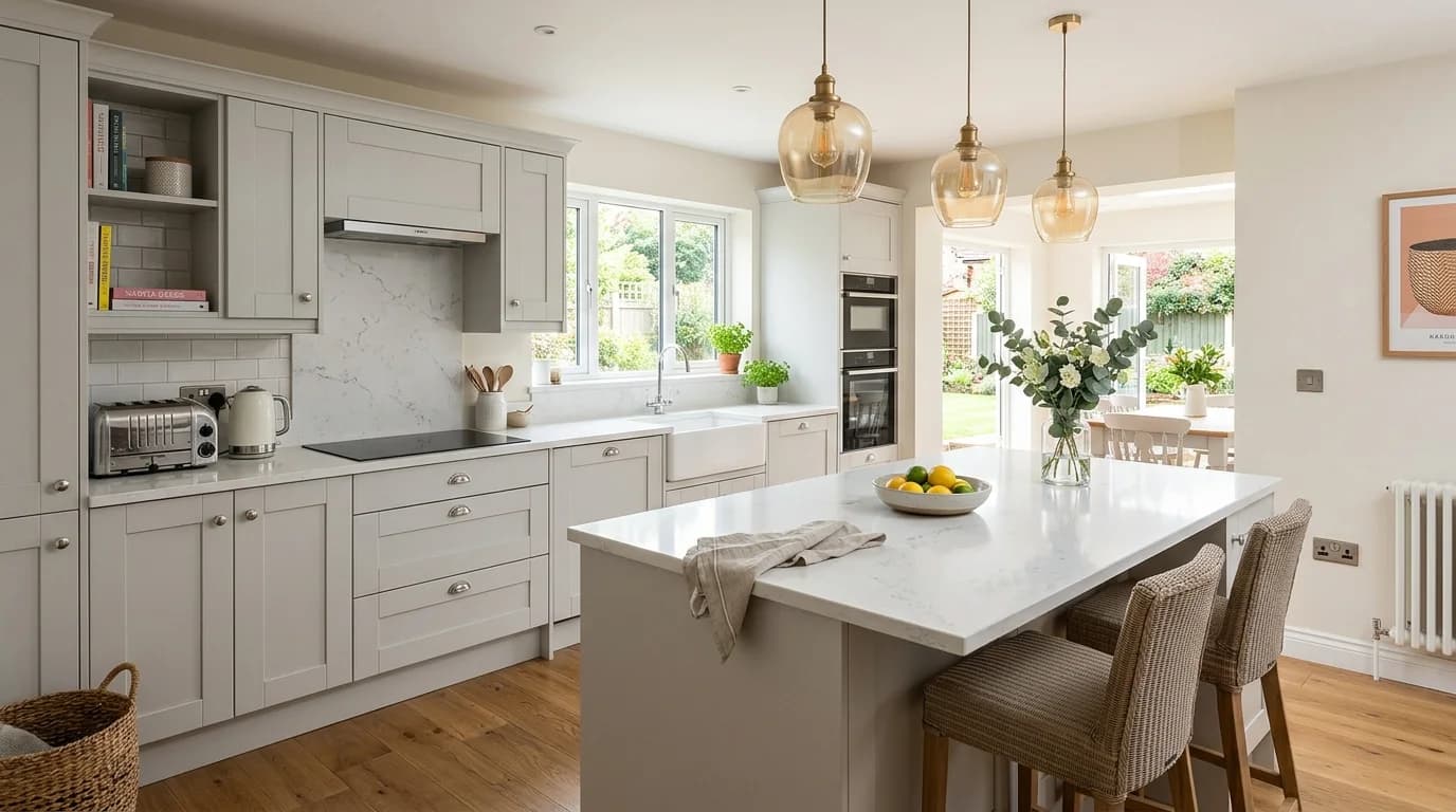 Modern fitted kitchen with shaker cabinets and quartz worktop