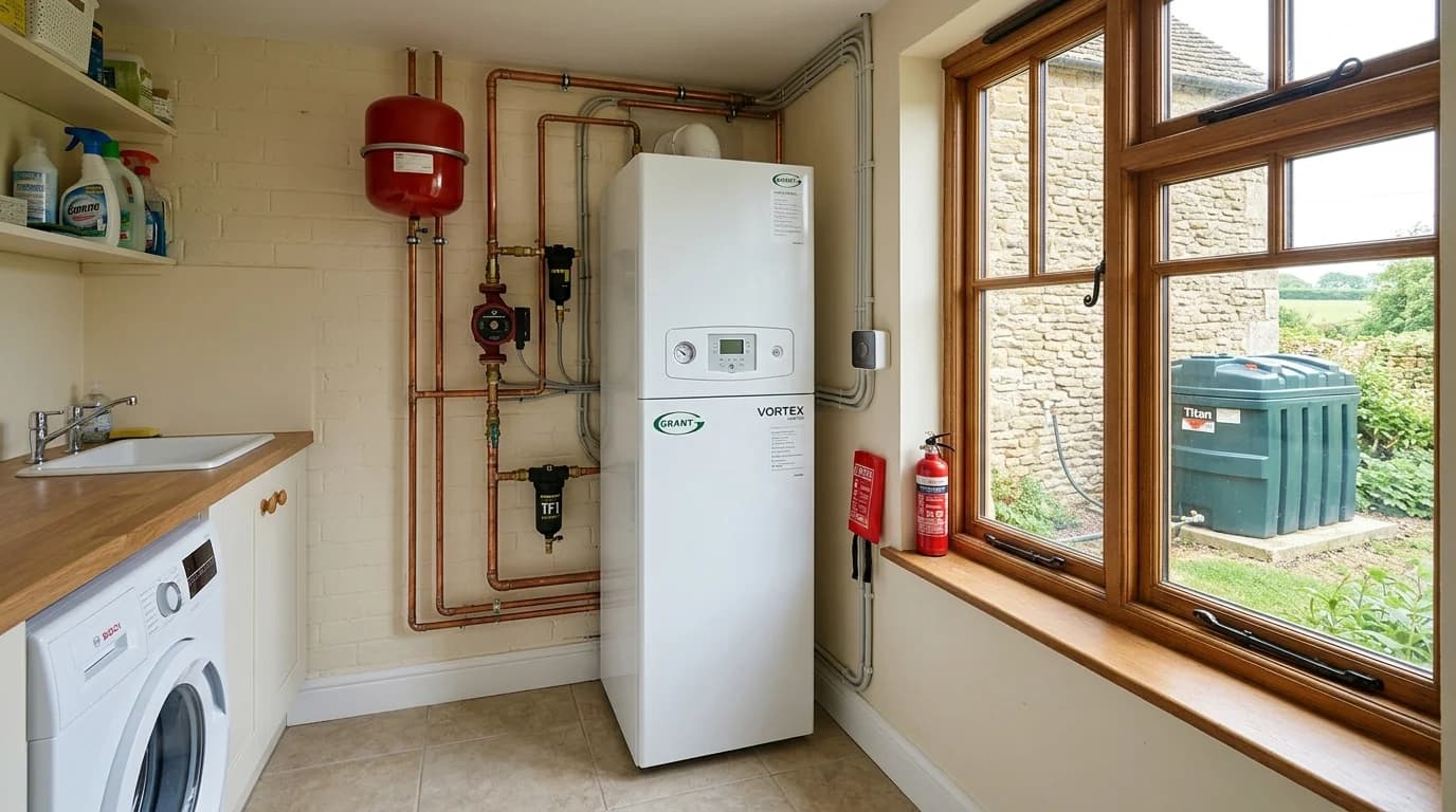Oil boiler professionally installed in a British home utility room with oil tank visible