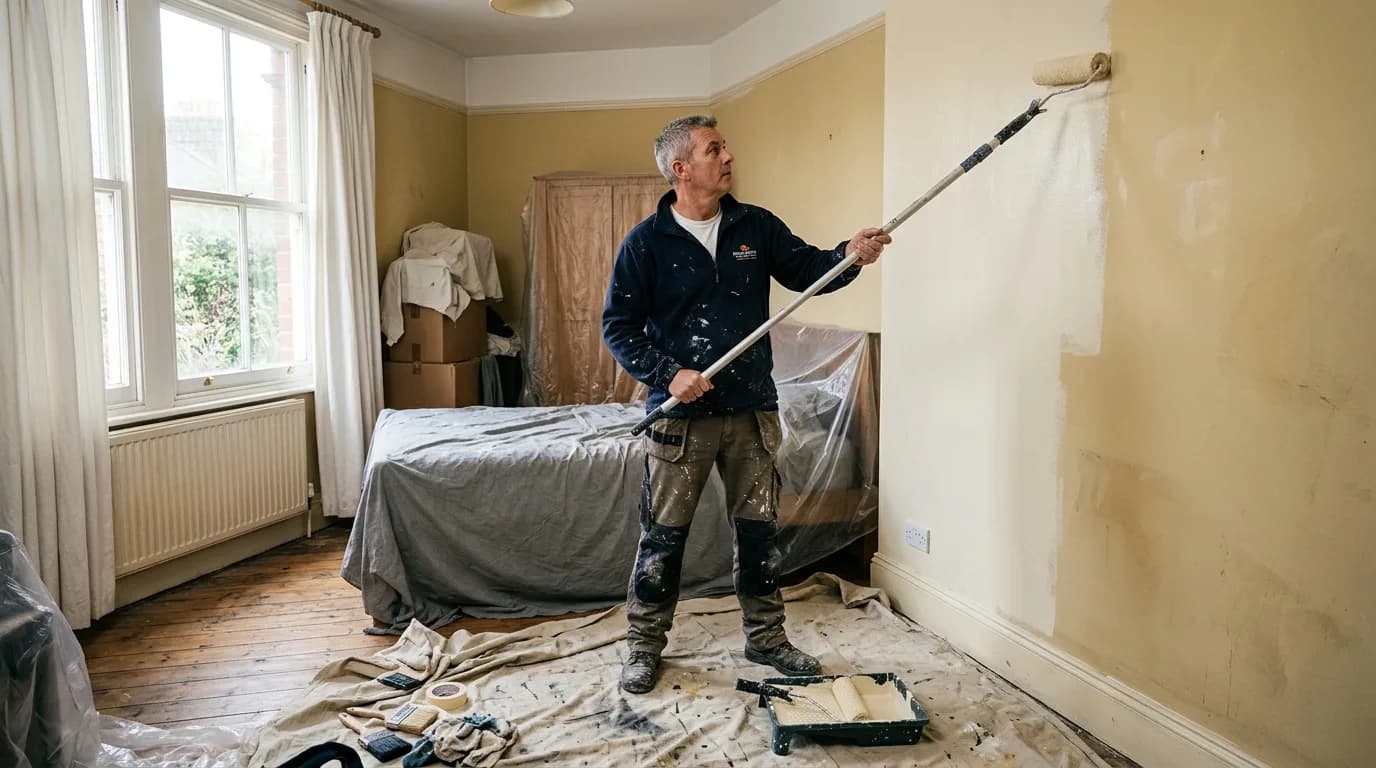 Painter using a roller to paint a bedroom wall in a British home