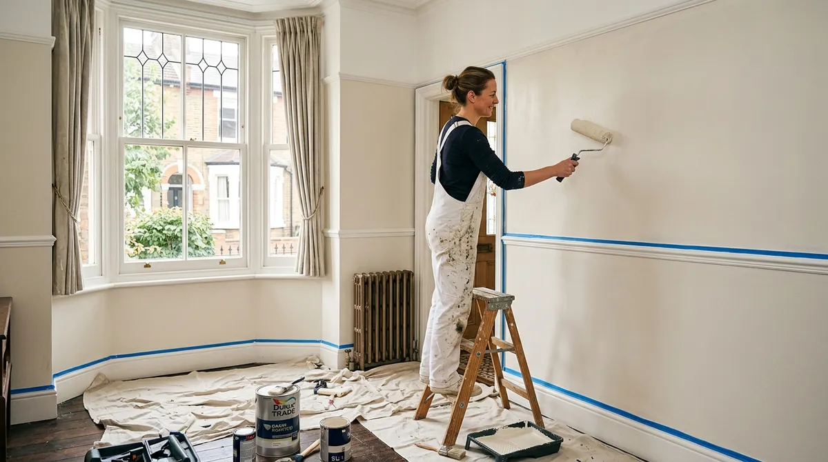 Decorator painting the exterior masonry of a British terraced house