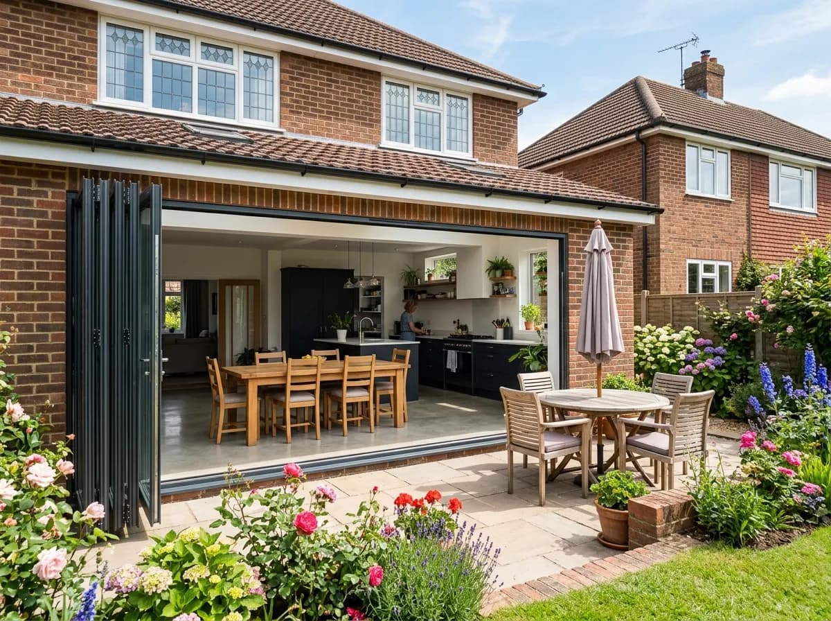 Bifold patio doors open to a British garden