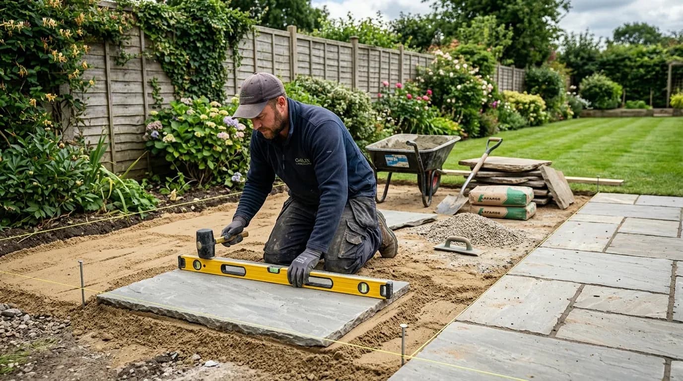 Landscaper laying natural stone patio slabs in a British garden