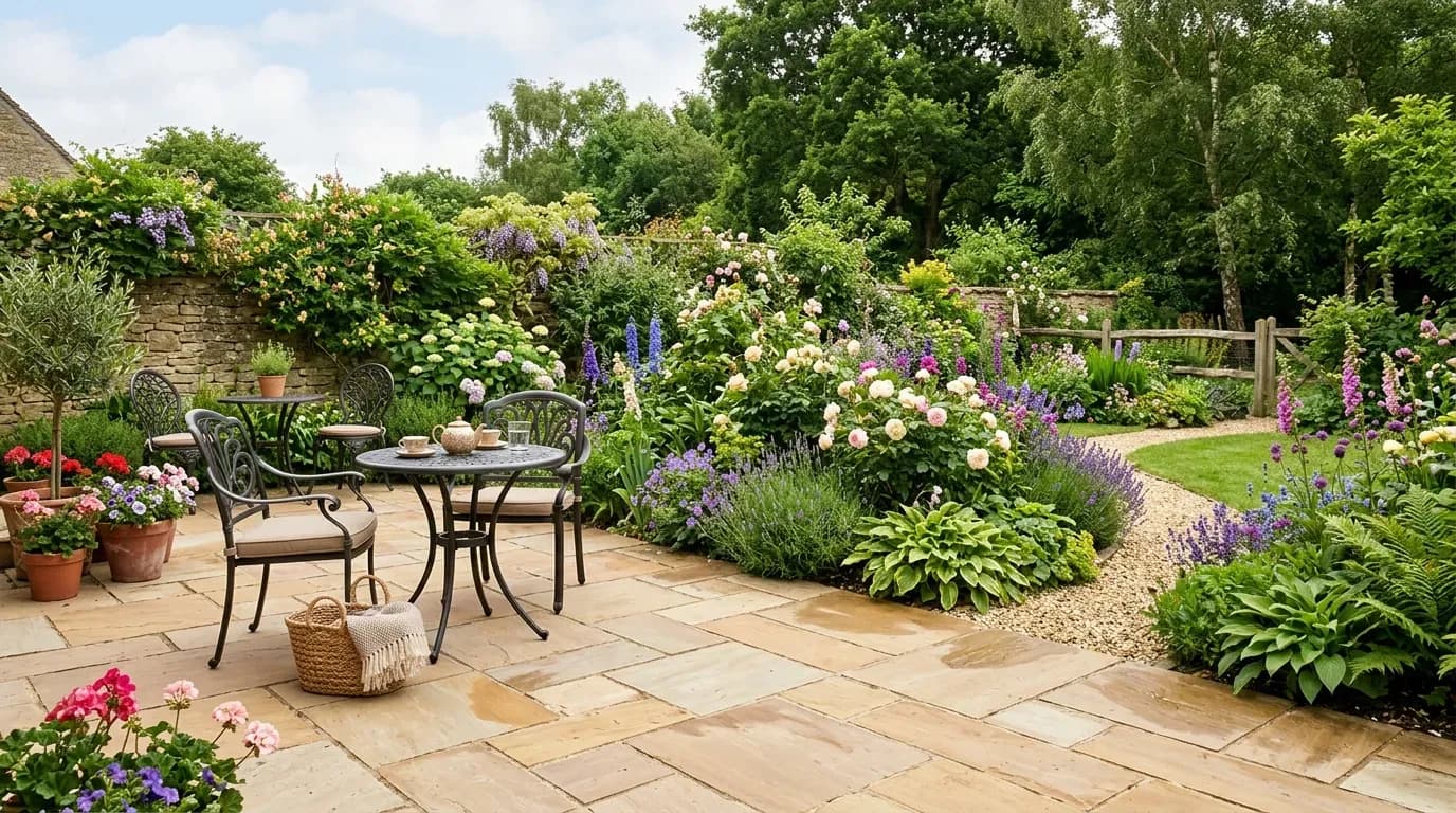 Sandstone patio with garden furniture in a British back garden