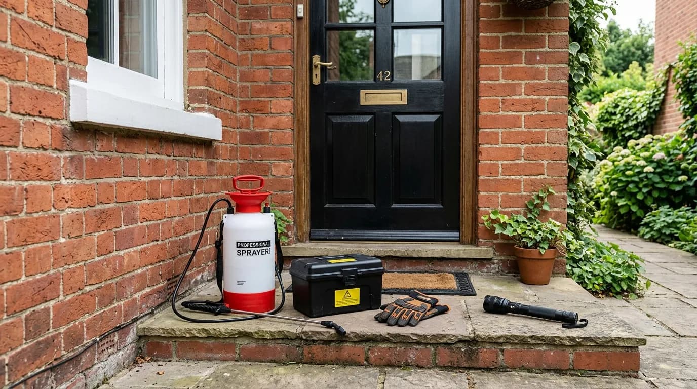 Pest control technician inspecting a UK property