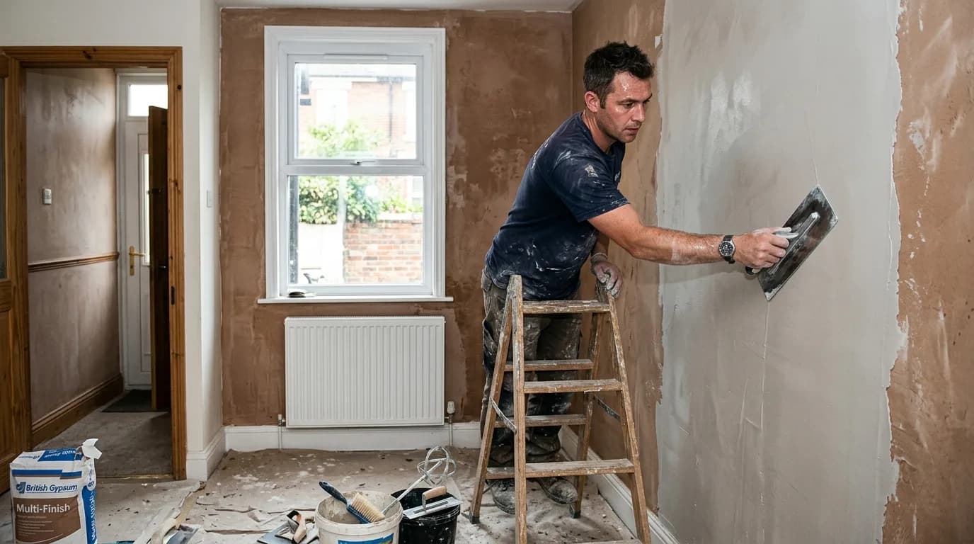 Plasterer applying a skim coat to a wall in a British terraced house