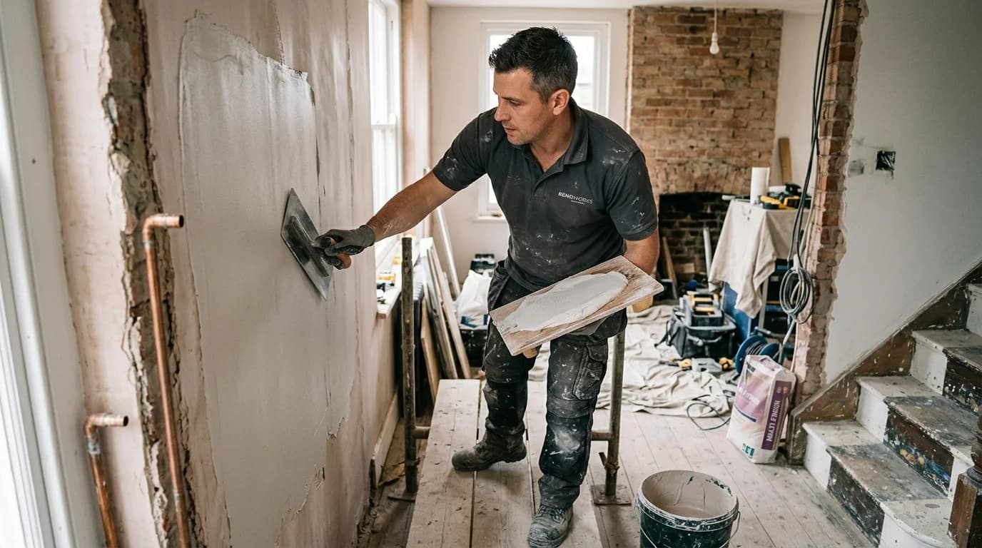 Professional plasterer skimming a wall in a UK home