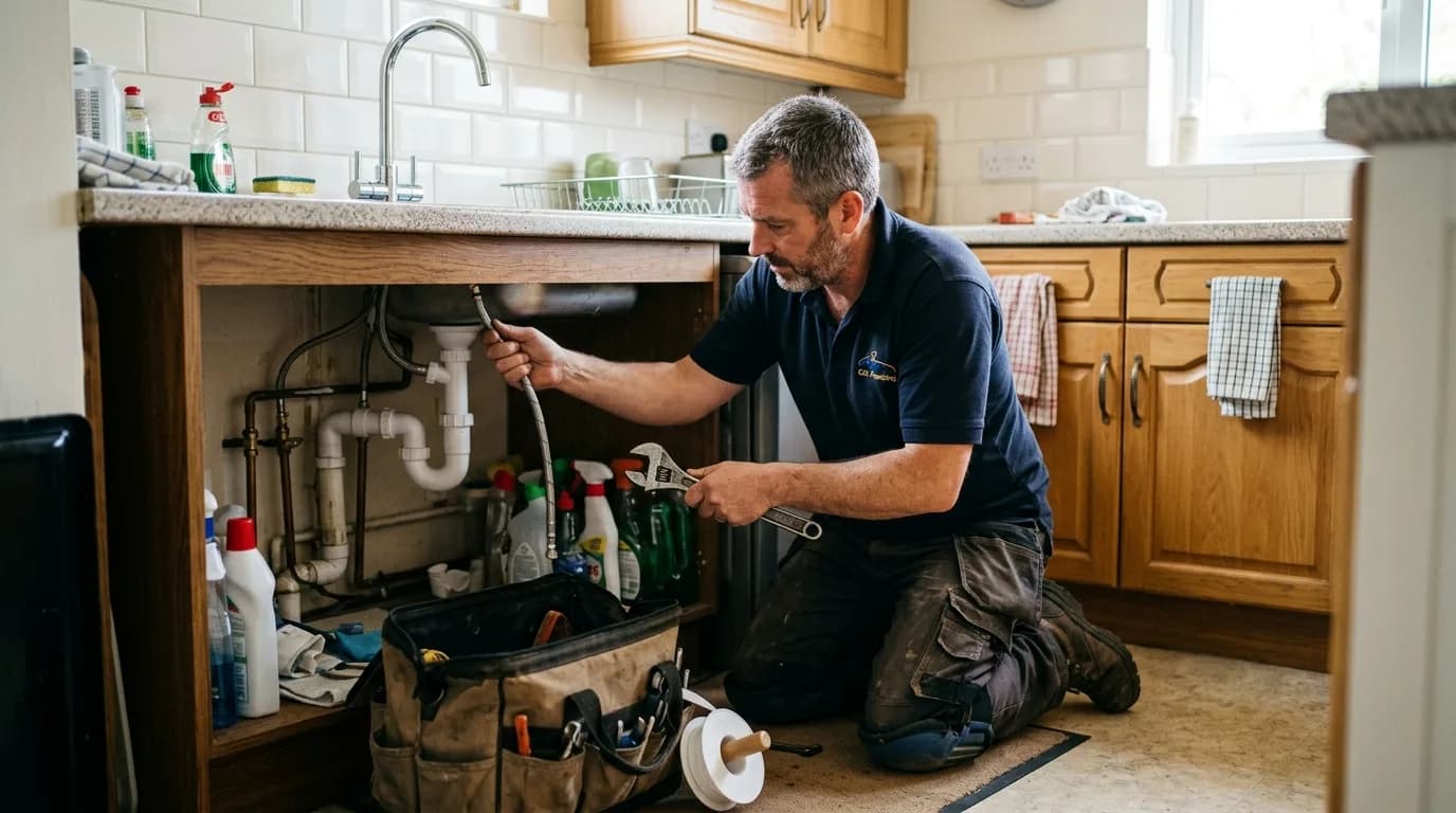Plumber replacing tap connections under a kitchen sink