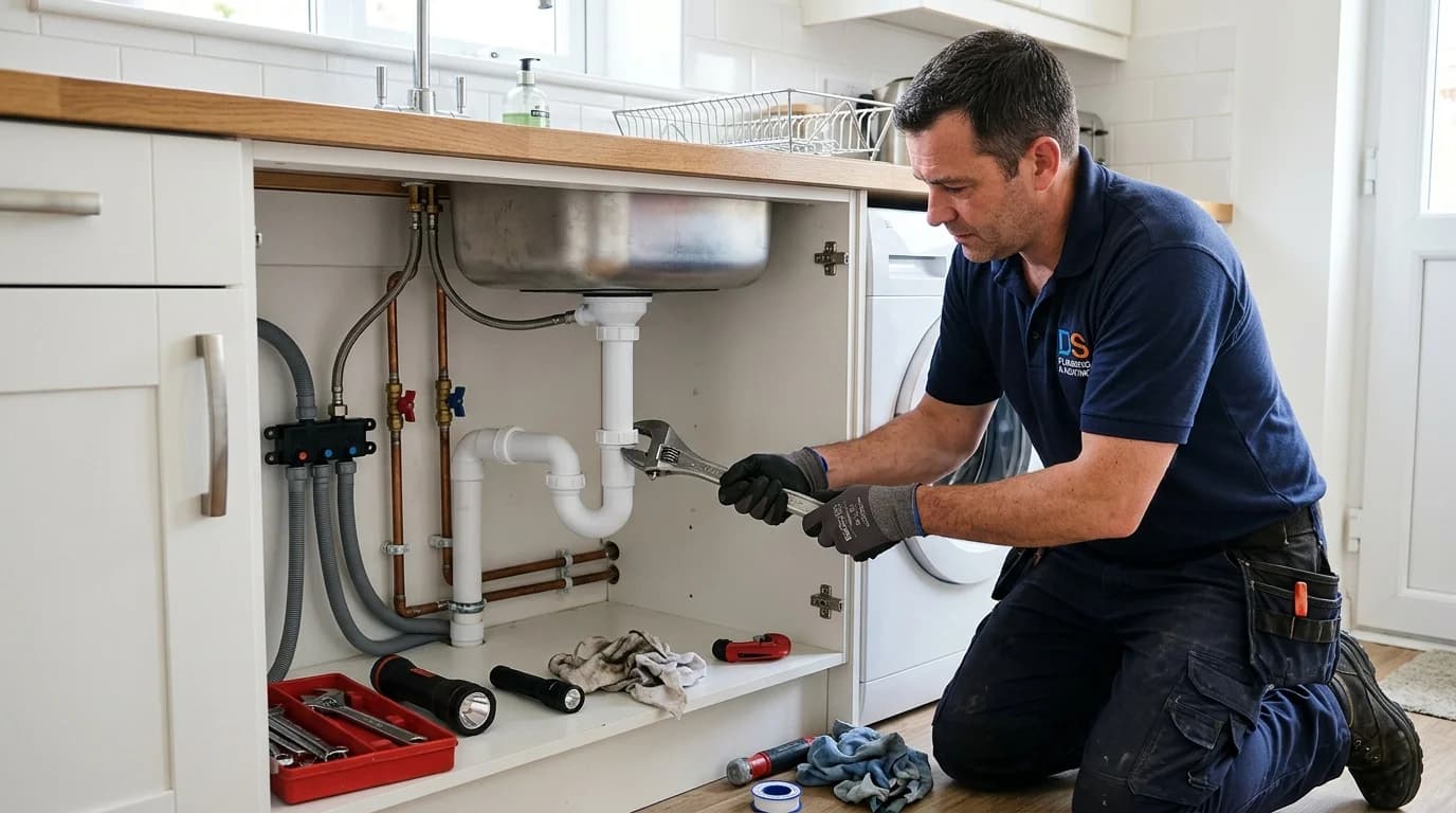 Plumber fitting pipework during a bathroom renovation
