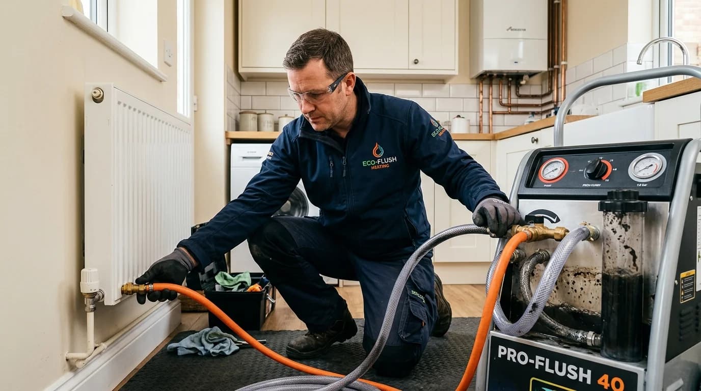 Heating engineer carrying out a power flush on a central heating system