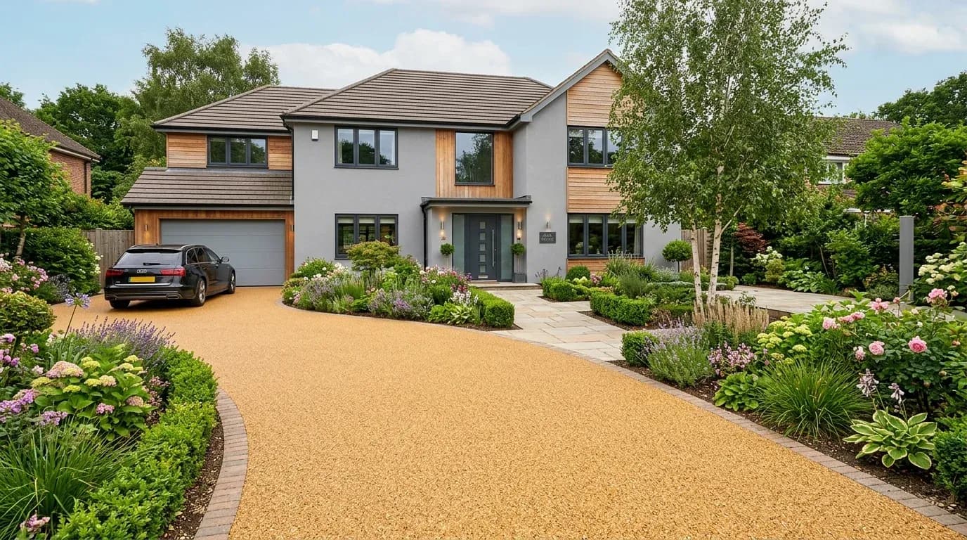 Resin bound driveway with golden aggregate at a modern British home