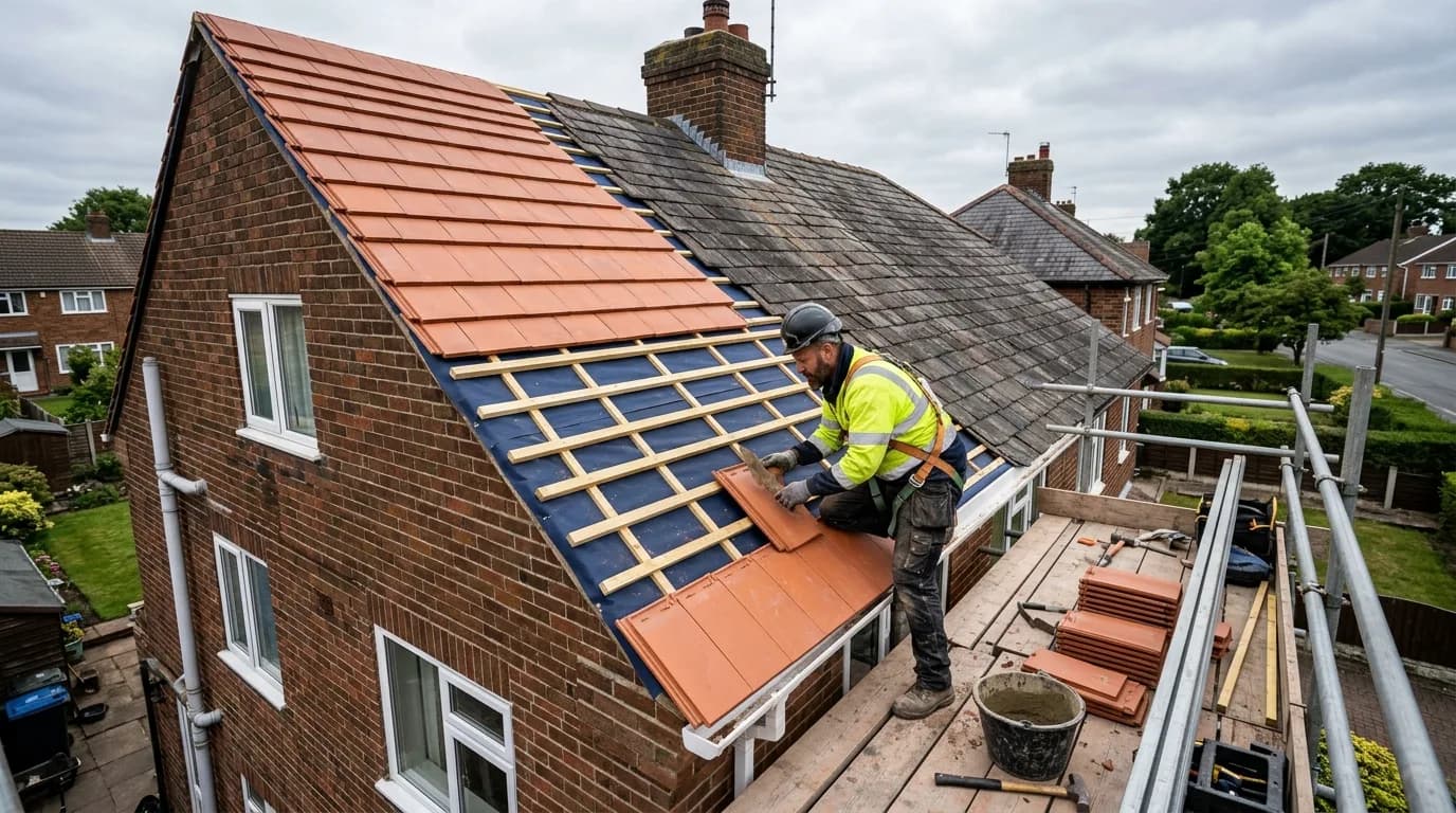 Roofer laying new tiles on a pitched roof with scaffolding on a British semi-detached house