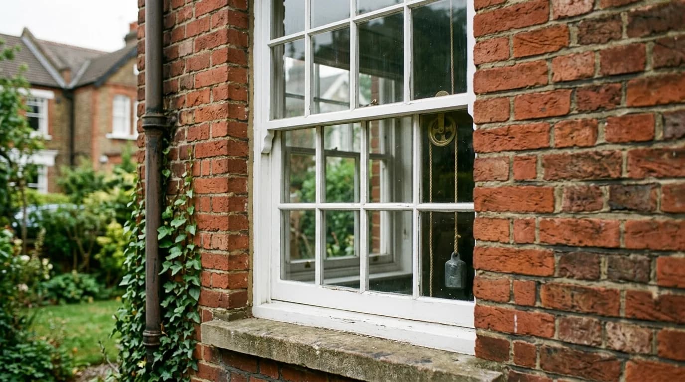 Traditional timber sash window on a period British property with painted frame