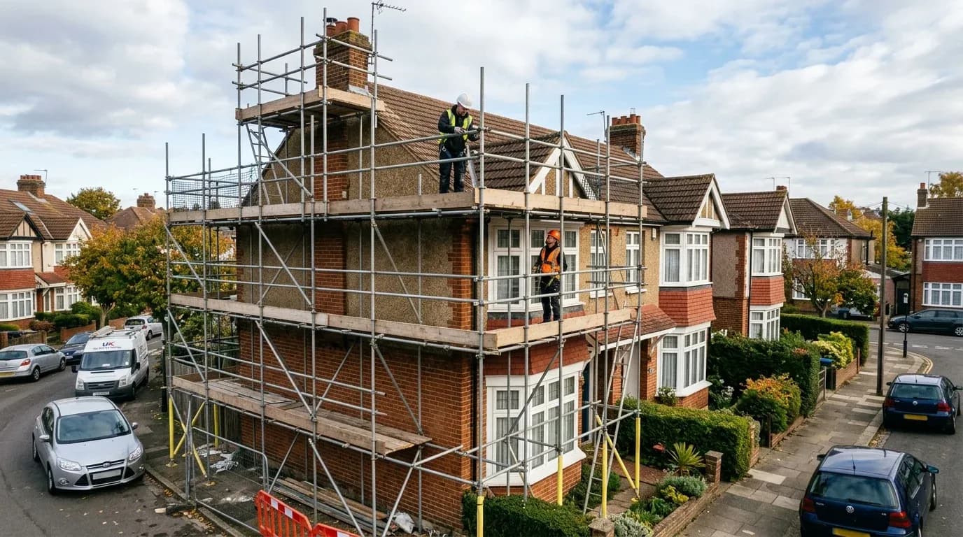 Scaffolding erected around a British house for roof replacement
