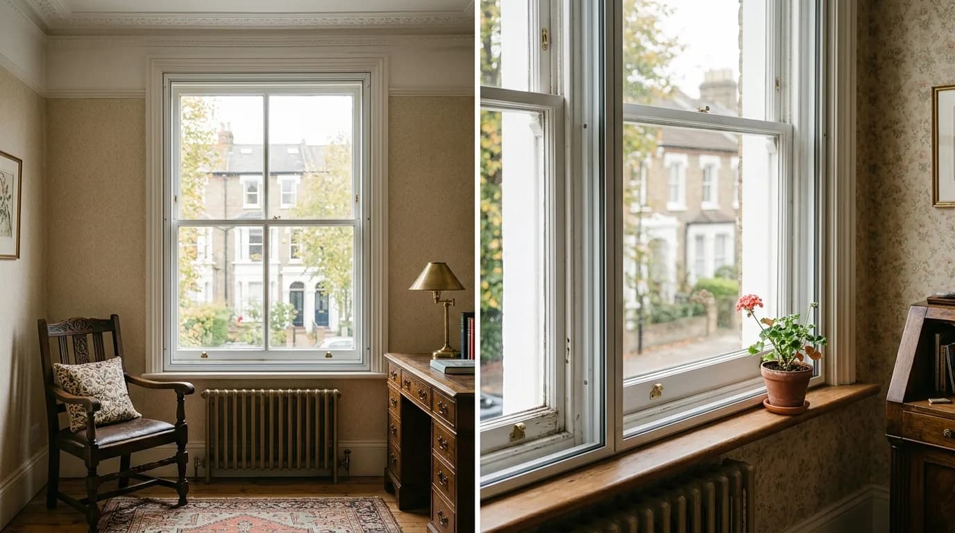 Secondary glazing fitted to sash windows in a period British home
