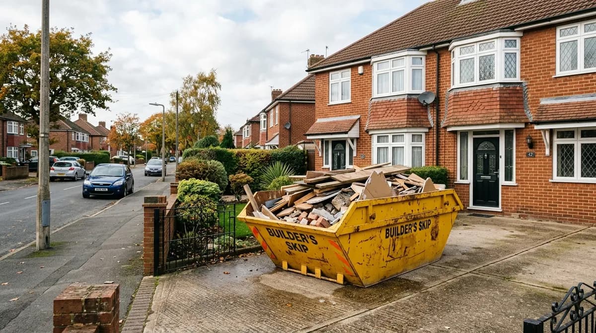 Skip on a residential driveway during a home renovation