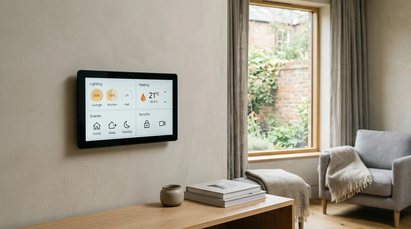 Smart home devices including speaker and thermostat in a UK living room