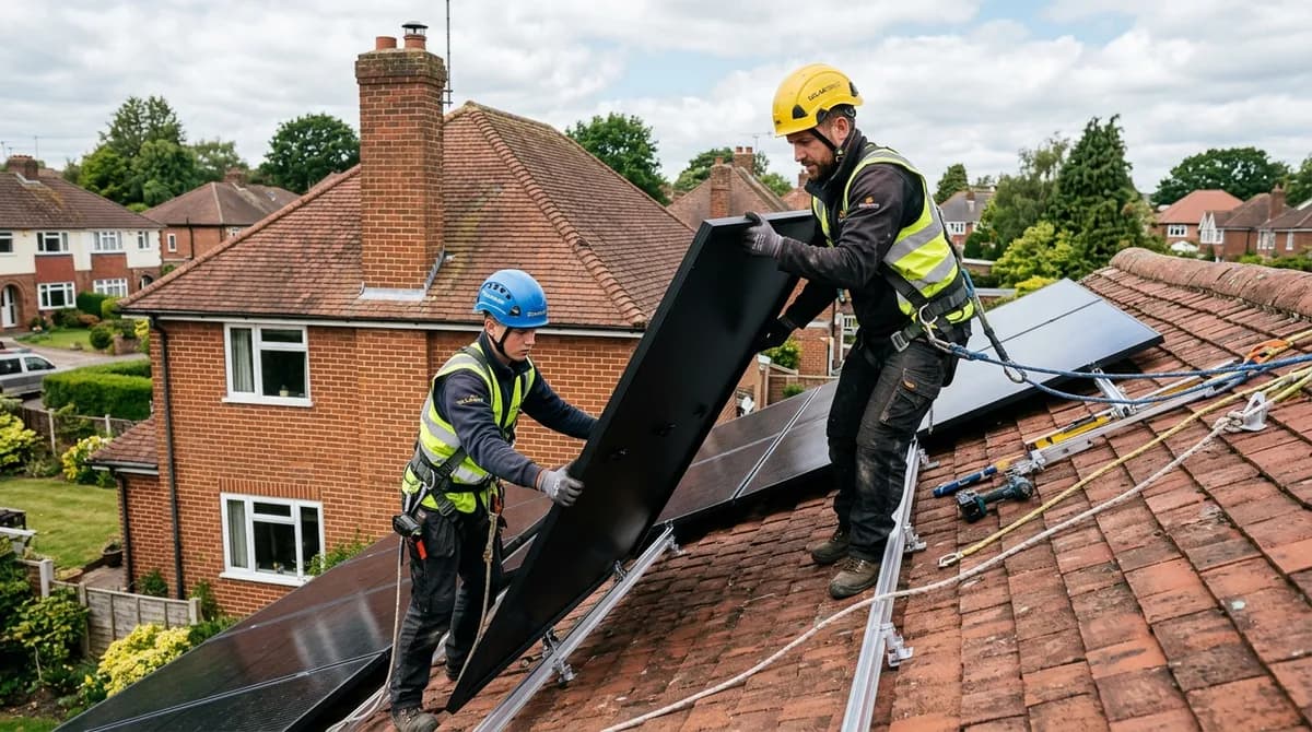 Solar panel installers fitting monocrystalline panels on a British house roof