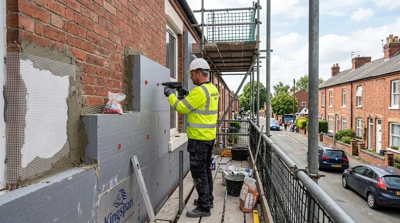 Solid wall insulation being installed on the exterior of a UK brick house