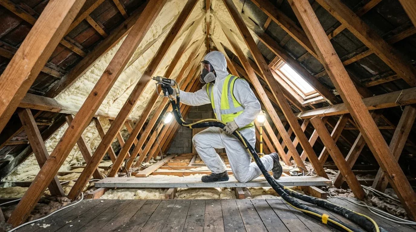 Spray foam insulation being applied to a loft roof space in a UK home